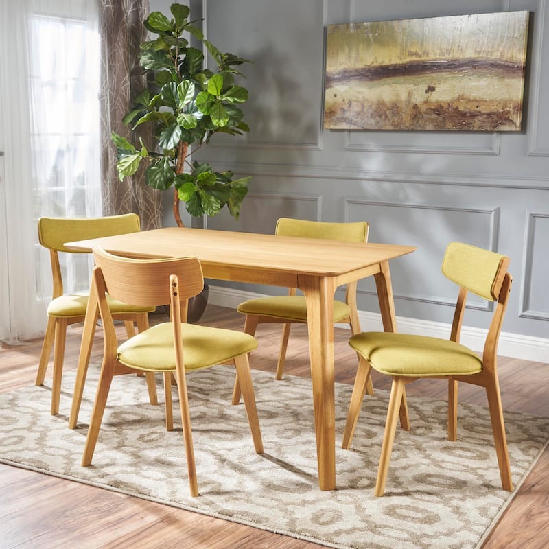 Christopher Knight Home - Megann Mid-Century Modern 5-Piece Rectangular Wood Dining Set with Upholstered Chairs - Natural Oak + Green Tea