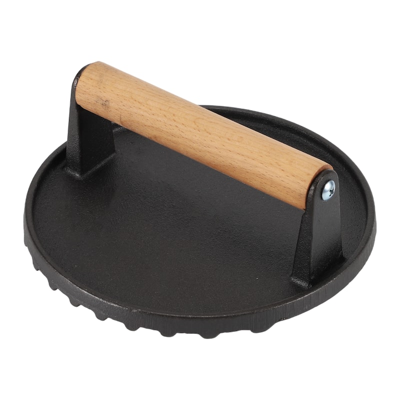Round Burger Press, Cast Iron Smash Bacon Press Meat Steak with Wood Handle for Griddle Sandwich Nonstick Pan, Black