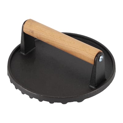 Round Burger Press, Cast Iron Smash Bacon Press Meat Steak with Wood Handle for Griddle Sandwich Nonstick Pan, Black