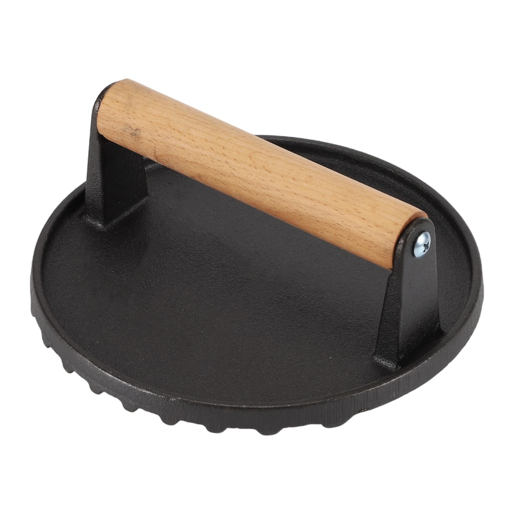 Round Burger Press, Cast Iron Smash Bacon Press Meat Steak with Wood Handle for Griddle Sandwich Nonstick Pan, Black