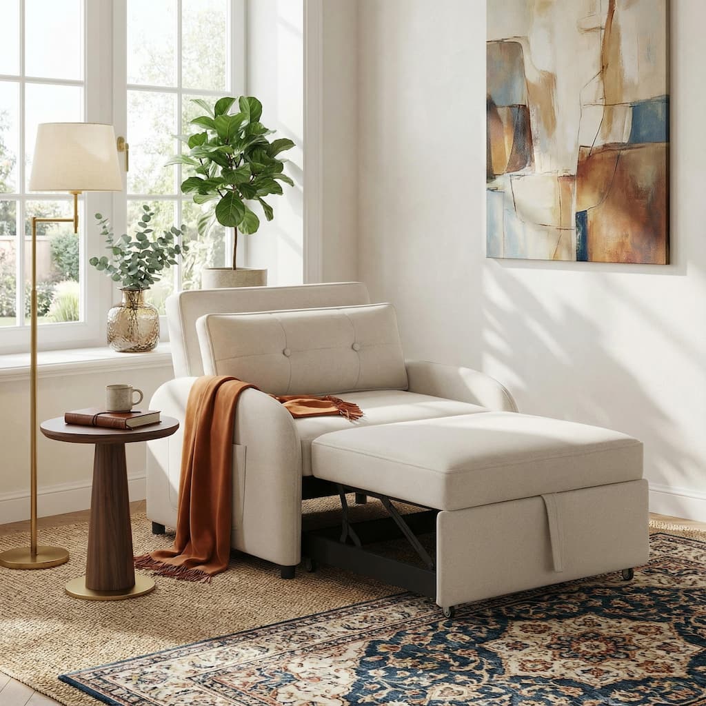 3-in-1 Convertible Sleeper Sofa Bed with Pillow & Pocket, Loveseat Sleeper Chair in Soft Cotton Linen, for Living Room