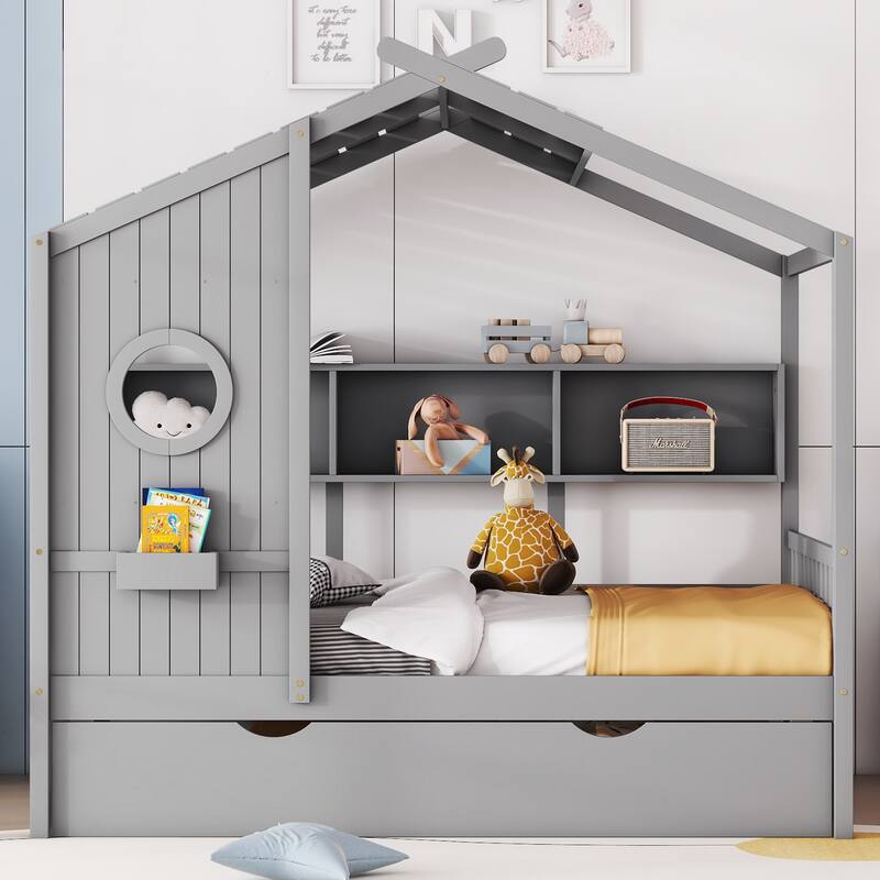 Wooden Platform Bed with Trundle & Storage Shelf