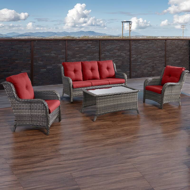 Pocassy 4-Piece Outdoor Sofa Patio Chair with Coffee Table - Grey/Red