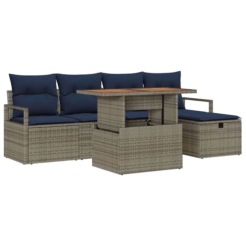 vidaXL 6 Garden Sofa Set with Cushions Black/Grey Poly Rattan - 90.6 x 46.1 x 27.2