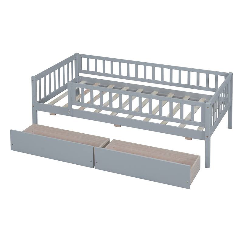 Twin Size Wood Daybed with Two Drawers, Space-Saving Design, Gray Finish