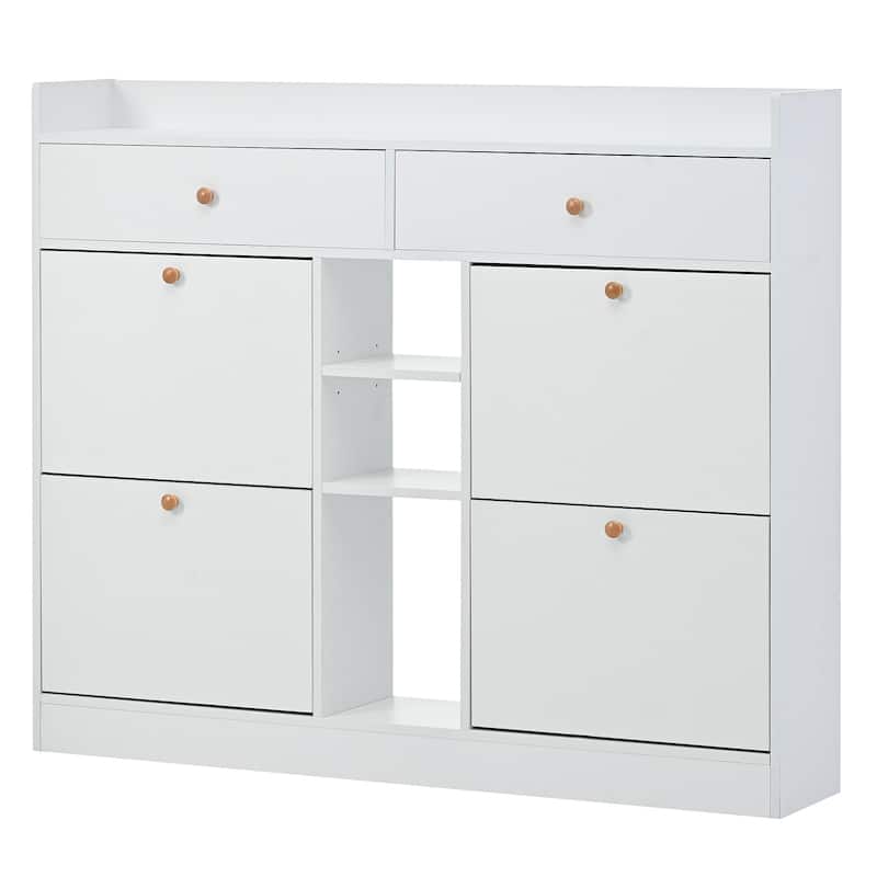 Modern White Two-tier Shoe Cabinet with 4 Flip Drawers - 9.4"W x 47.24"H x 50.7"D