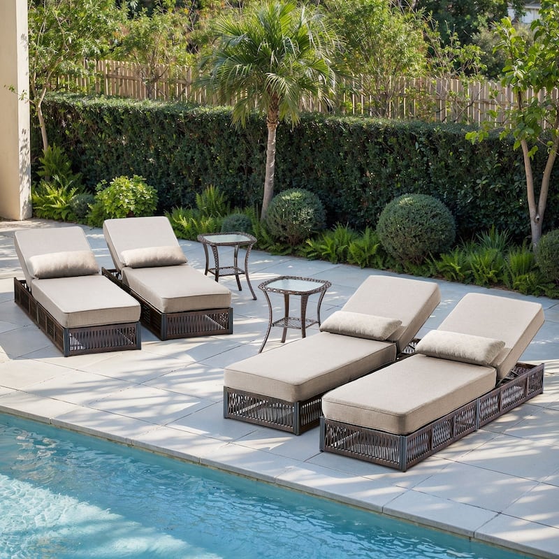 Gymojoy Patio Chaise Lounge Chair, Luxury Recliner with 6-Position Backrest & 5-Inch Cushions Set of 4 with 2 Side Tables
