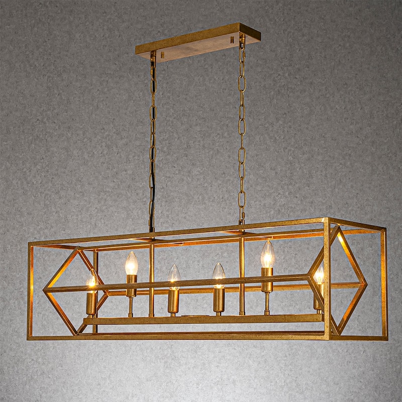 CraftHome 6-Light 39'' Antique Gold Modern Candle Linear Chandelier Rectangle Industrial Dining Room Kitchen Island - W39'' - W39'' - Antique Gold