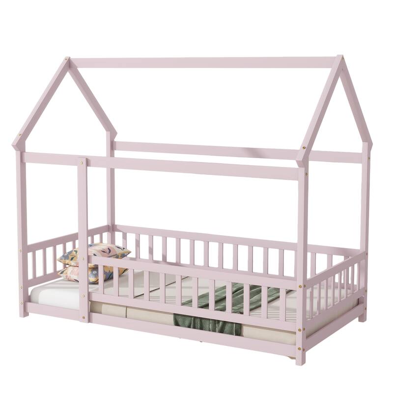 Twin Floor Bed with House Roof Frame, Safety Guardrails, and Fence Design