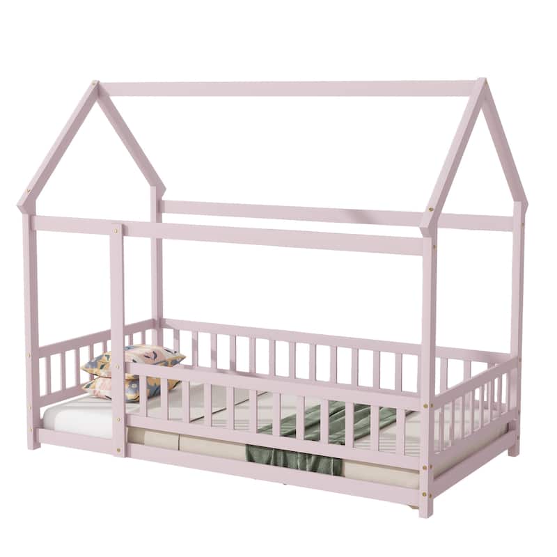 Twin Size House Floor Wooden Bed with Roof Frame