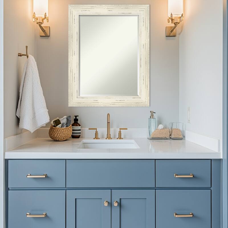 Beveled Wood Bathroom Wall Mirror - Alexandria White Wash Frame