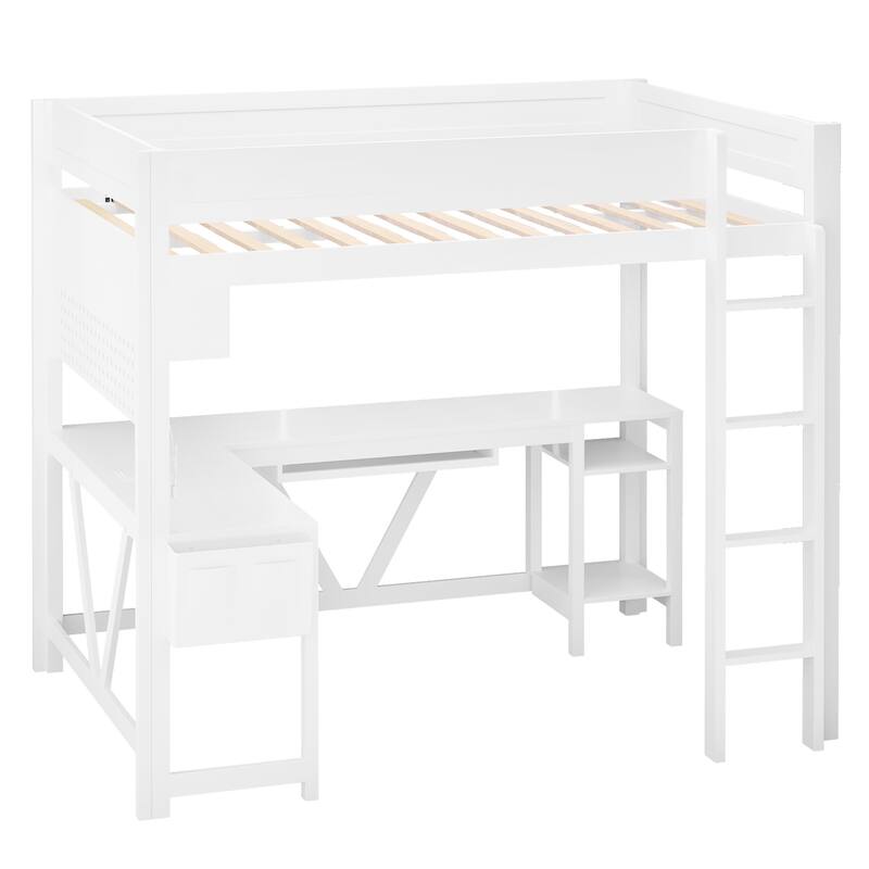 Roomfitters Full Size Gaming Loft Bed with Desk, Storage Shelves and Charging Station, Space-Saving Bedroom Setup