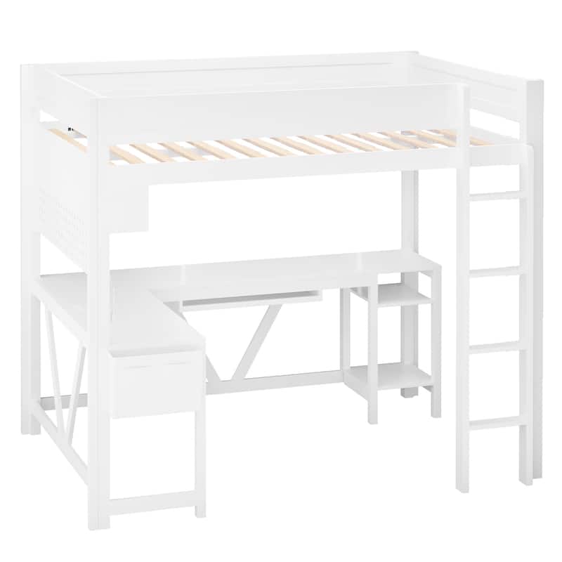 Wood Full Size Gaming Loft Bed Frame with Computer Desk, Grid Storage Panel, Storage Shelves, Cabinet, LED and Charging Station