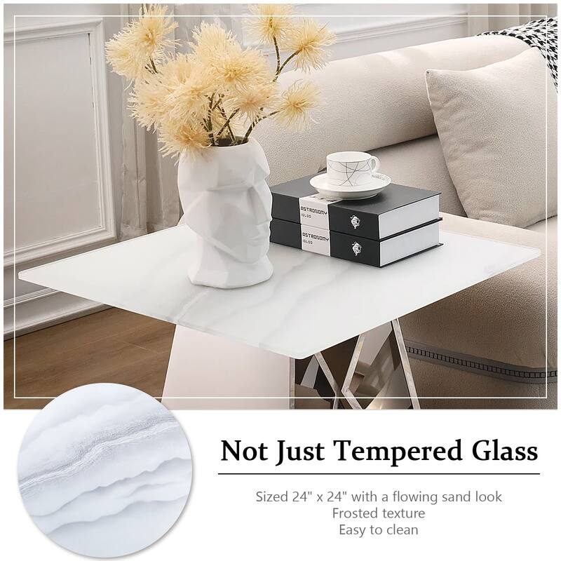 24 inch White Tempered Glass End Table with Mirrored M-Shaped Base