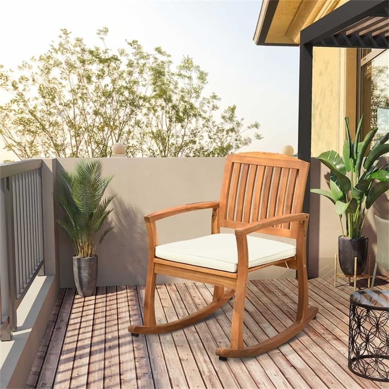 Teak Acacia Wood Rocking Chair with Cream Cushion for Porch and Patio - 23.5"W x 33.25"D x 23.5"H