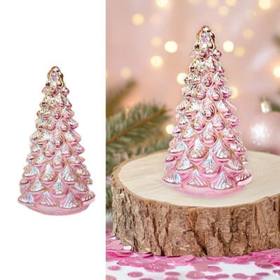Pink Glass Xmas Tree Light 10" Holiday Table Decor for Mantel, Home, Office - N/A