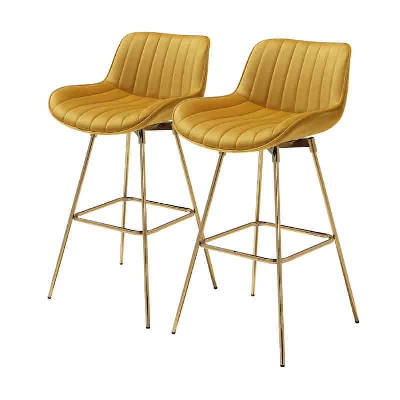 HomeRoots Set of Two 29" Yellow and Gold Velvet and Metal Low Back Bar Height Swivel Bar Chairs