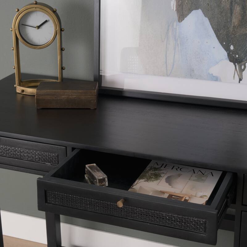 Grier 62.0L x 22.0W x 30.0H Medium Brown Solid Wood W/Cane Office Desk