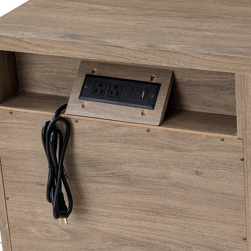 Fluted Bed Side Table End Table Nightstand with Drawer, Ash Brown Corner Table Lamp Table with Open Shelf