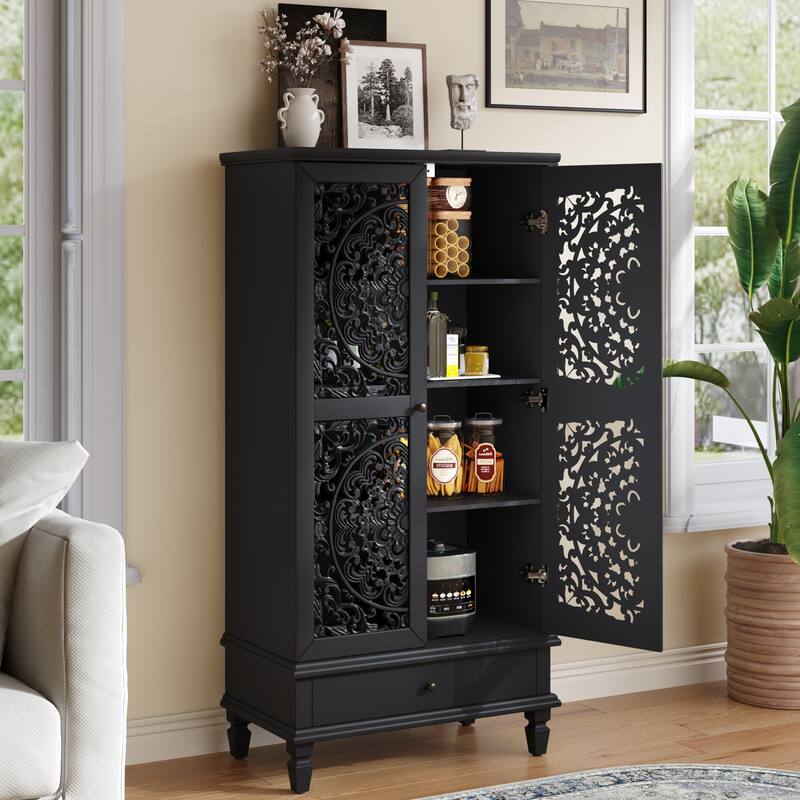 GDF Studio - Maribelle Rustic 55" Tall Storage Cabinet with Drawer, Decorative 2-Door Carved Wood Accent Cabinet