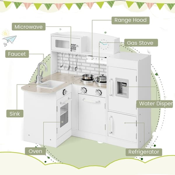 dimension image slide 0 of 2, Gymax Kid's Corner Kitchen Playset Wooden Chef Play w/ Sink Stove