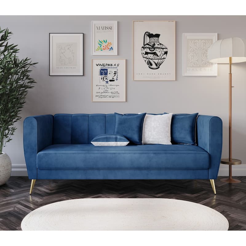Scarlett Velvet Flared Arm 3-Seater Sofa with 4 Throw Pillow - Blue