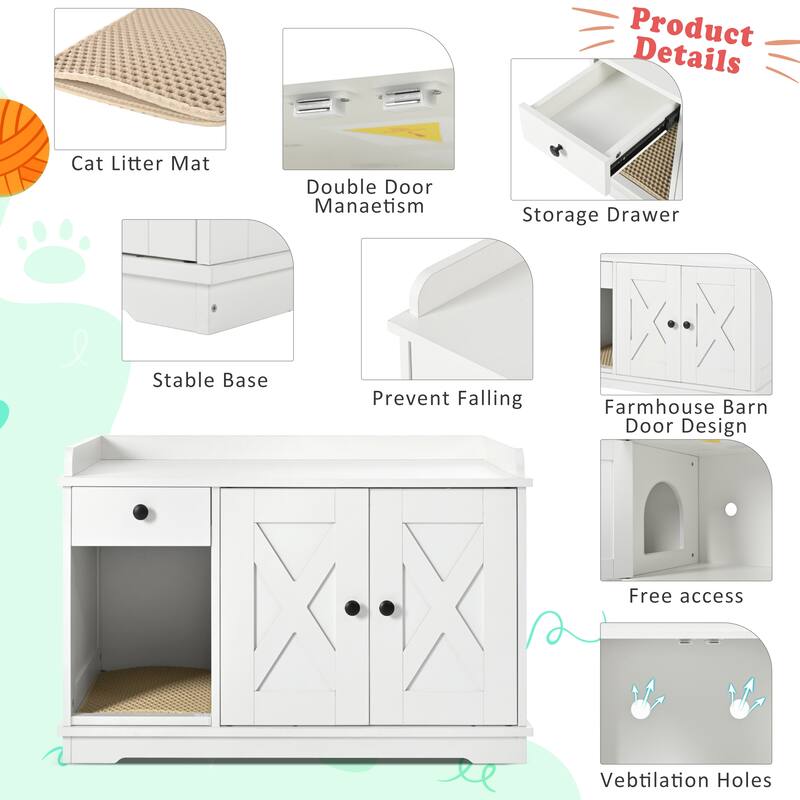 Indoor Cat House with Storage Drawer Side Table, Litter Box Furniture Hidden with Cat Litter Mat