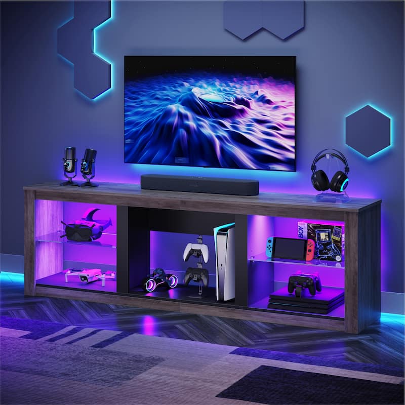 70-Inch LED TV Stand with Tempered Glass Shelves and Open Cabinet - 71 in - Grey Wash