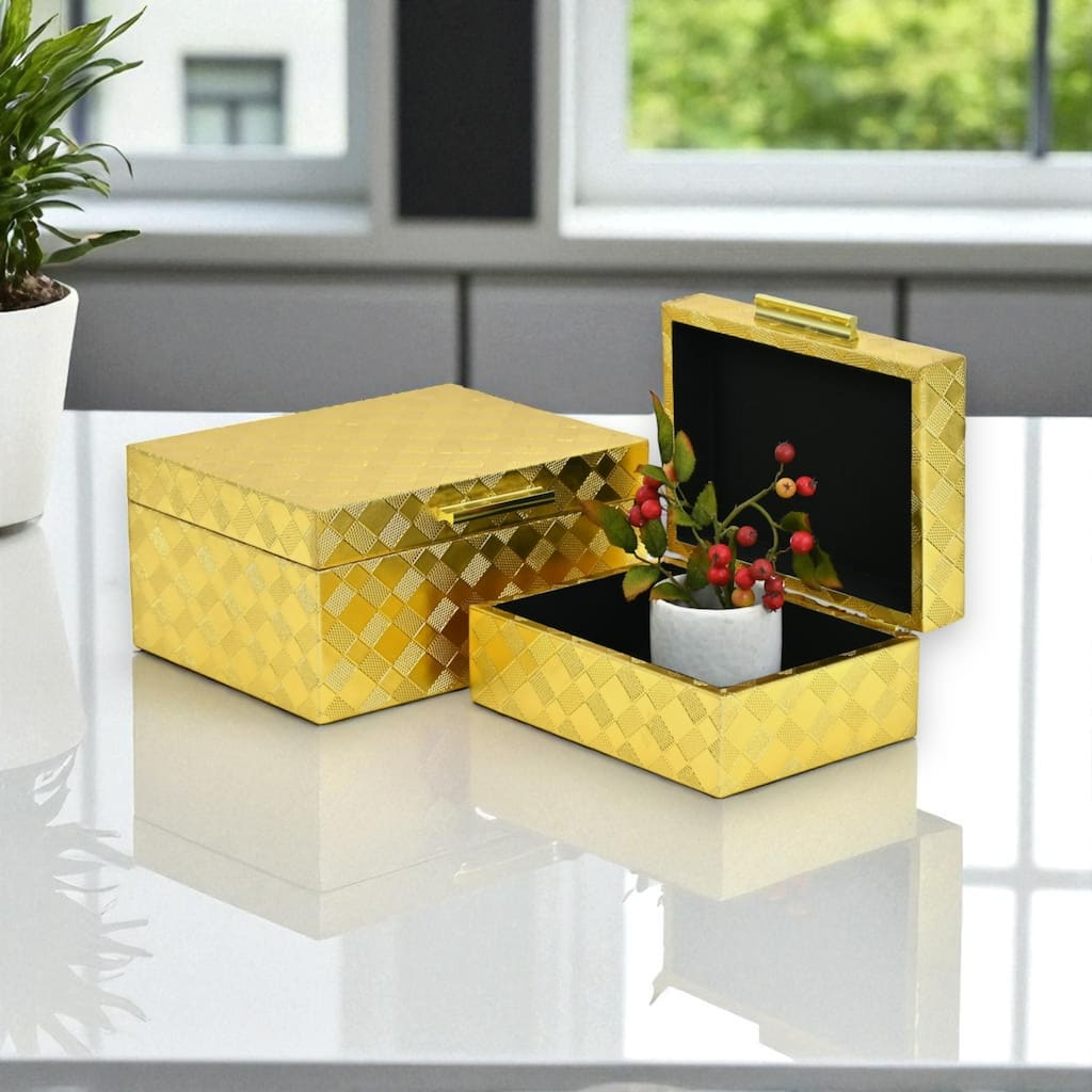 Diamond Checkered Rectangular Nesting Boxes - 10.25" - Gold - Set of 2