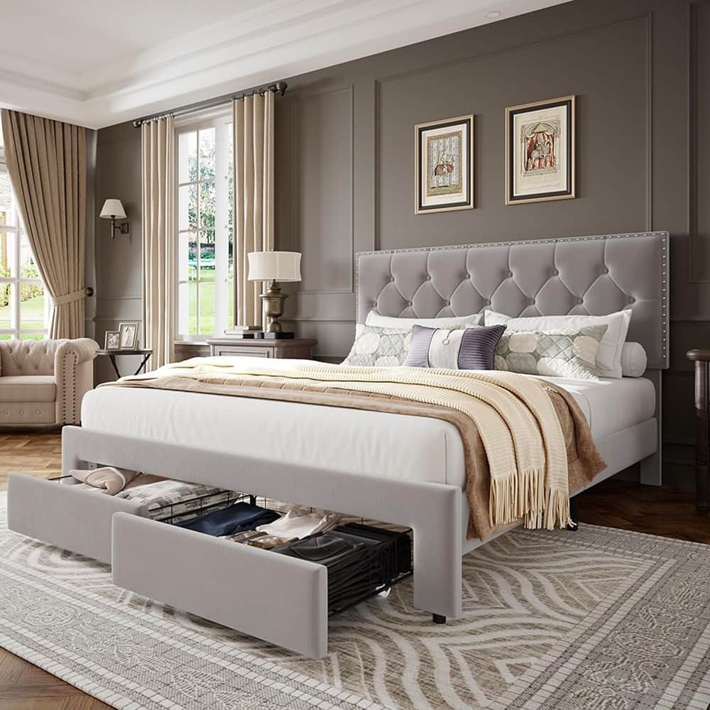 Bed Frame with 2 Storage Drawers, with Wooden Slat Support