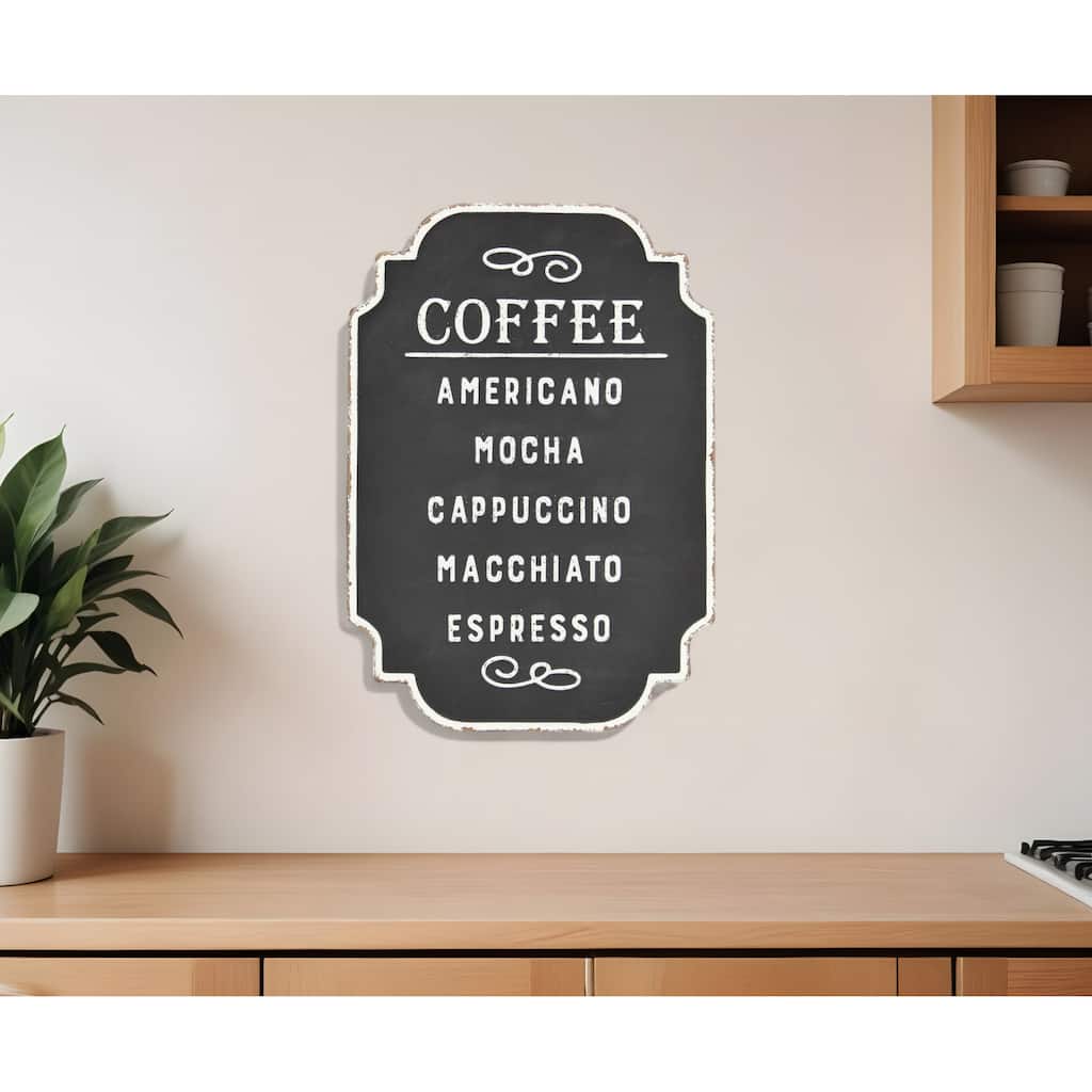 HomeRoots 22" X 16" Black and White Types Of Coffee Metal Wall Decor