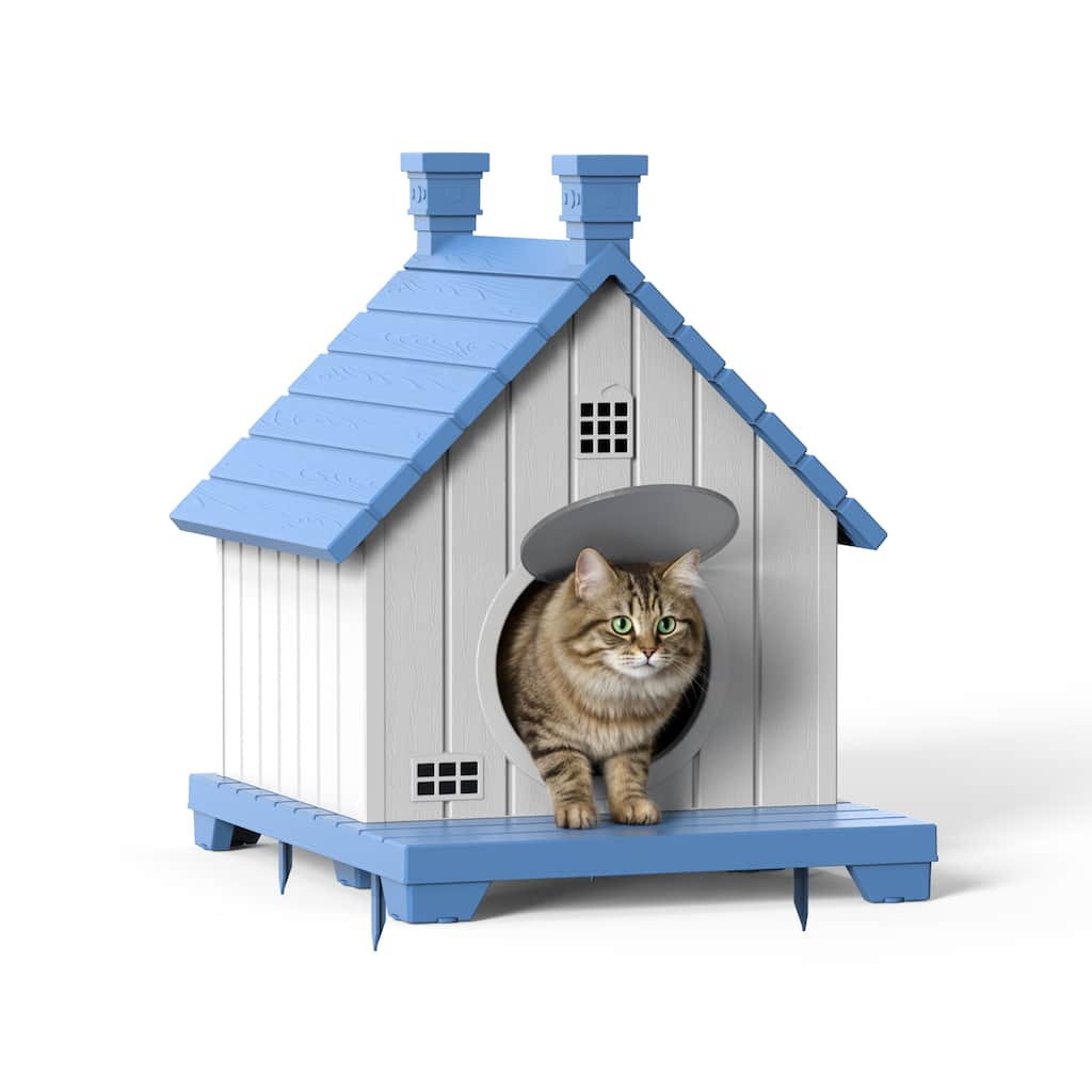 Slanted Roof Cabin Pet House with Porch, Multi-Level Stackable Shelter for Indoor Outdoor Use, for Cats Small Dogs Rabbits