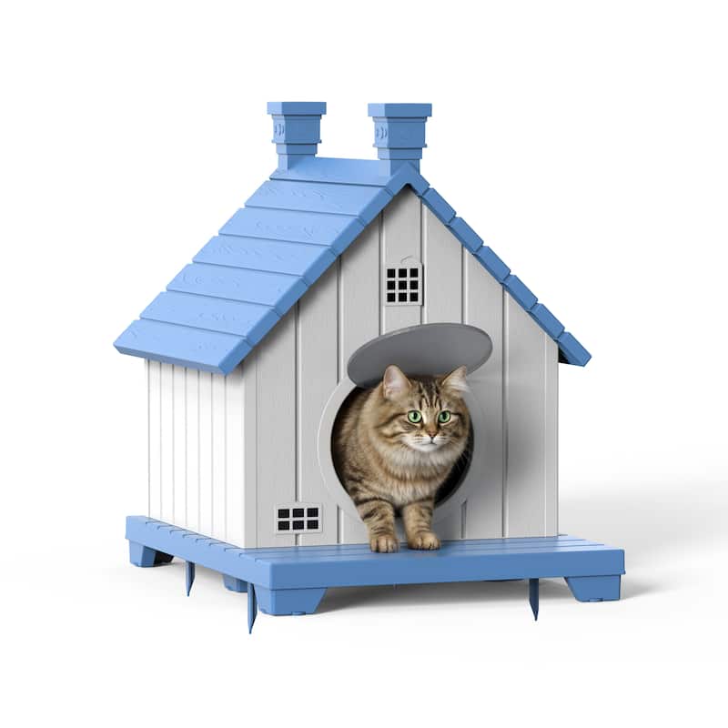 Slanted Roof Cabin Pet House with Porch for Indoor Outdoor Use, for Cats Small Dogs, Rabbits - BLUE