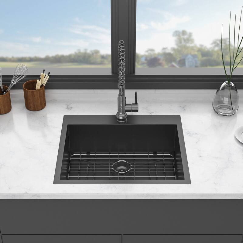 Black Stainless Steel Single Bowl Drop-in Kitchen Sink with Rinse Grid