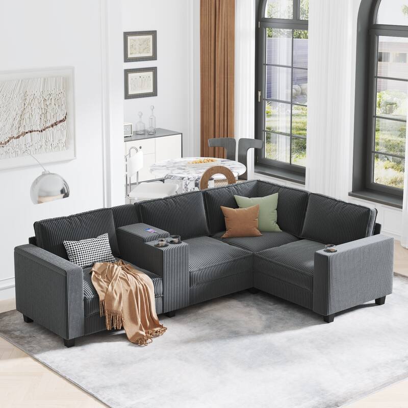 105" L-Shaped Corduroy Sectional Sofa with Storage Armrests and Console, 4-Seater Convertible Couch with USB charging - Grey