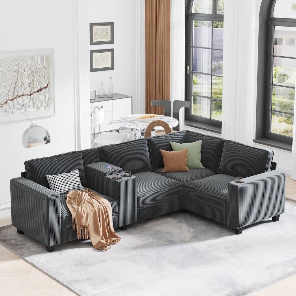 105" L-Shaped Corduroy Sectional Sofa with Storage Armrests and Console, 4-Seater Convertible Couch with USB charging