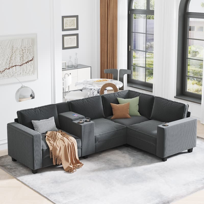 GDFStudio - MetroFlex L-Shaped Corduroy Sectional Sofa with Storage Armrests & USB Charging - Grey-4 seater