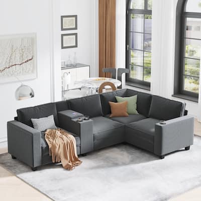 GDFStudio - MetroFlex L-Shaped Corduroy Sectional Sofa with Storage Armrests & USB Charging