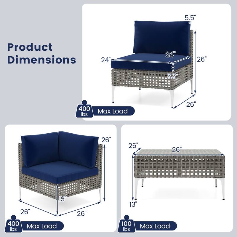 5-Piece Outdoor Patio Sofa Set with Navy Cushions and PE Rattan Sectional and Glass Coffee Table - 26" x 24" x 26"
