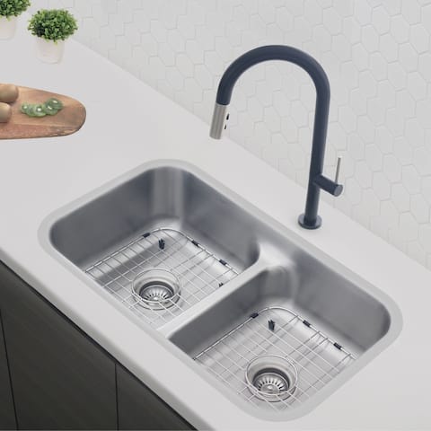 32" L X 18" W Stainless Steel Double Basin Undermount / Drop In Kitchen Sink With Grids And Strainers