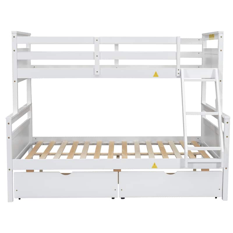 White Twin over Full Pine Wood Bunk Bed with Ladder and Storage Drawers