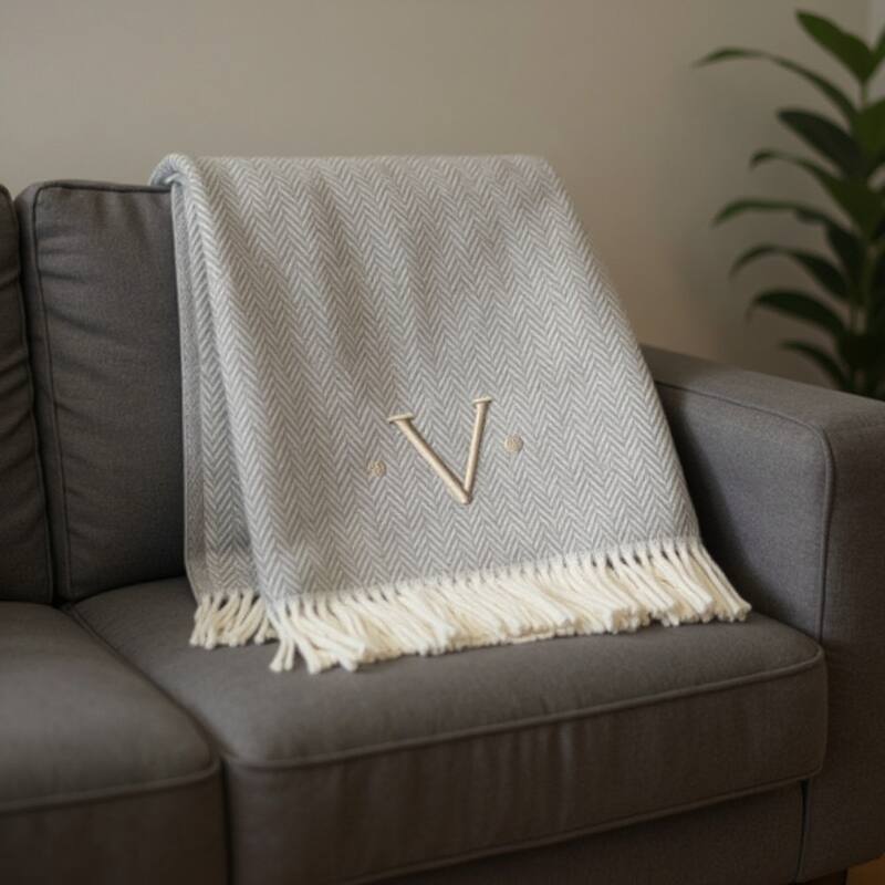 55" X 70" Gray And White Herringbone Cotton Blend A Initial Throw Blanket with Tassels And Embroidery