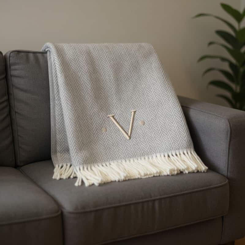 HomeRoots 55" X 70" Gray And White Herringbone Cotton Blend V Initial Throw Blanket with Tassels And Embroidery - Throw - Gray/White