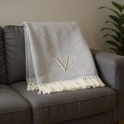 HomeRoots 55" X 70" Gray And White Herringbone Cotton Blend V Initial Throw Blanket with Tassels And Embroidery