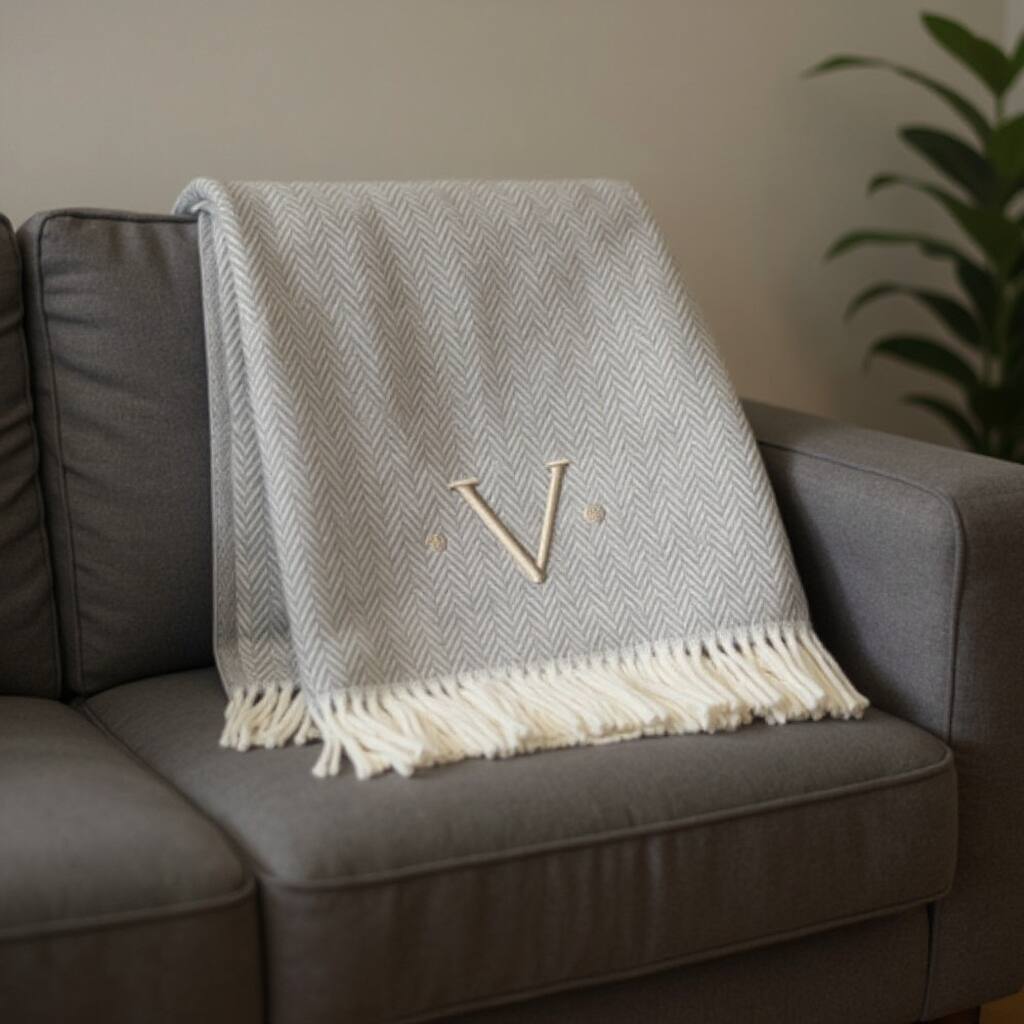 HomeRoots 55" X 70" Gray And White Herringbone Cotton Blend V Initial Throw Blanket with Tassels And Embroidery