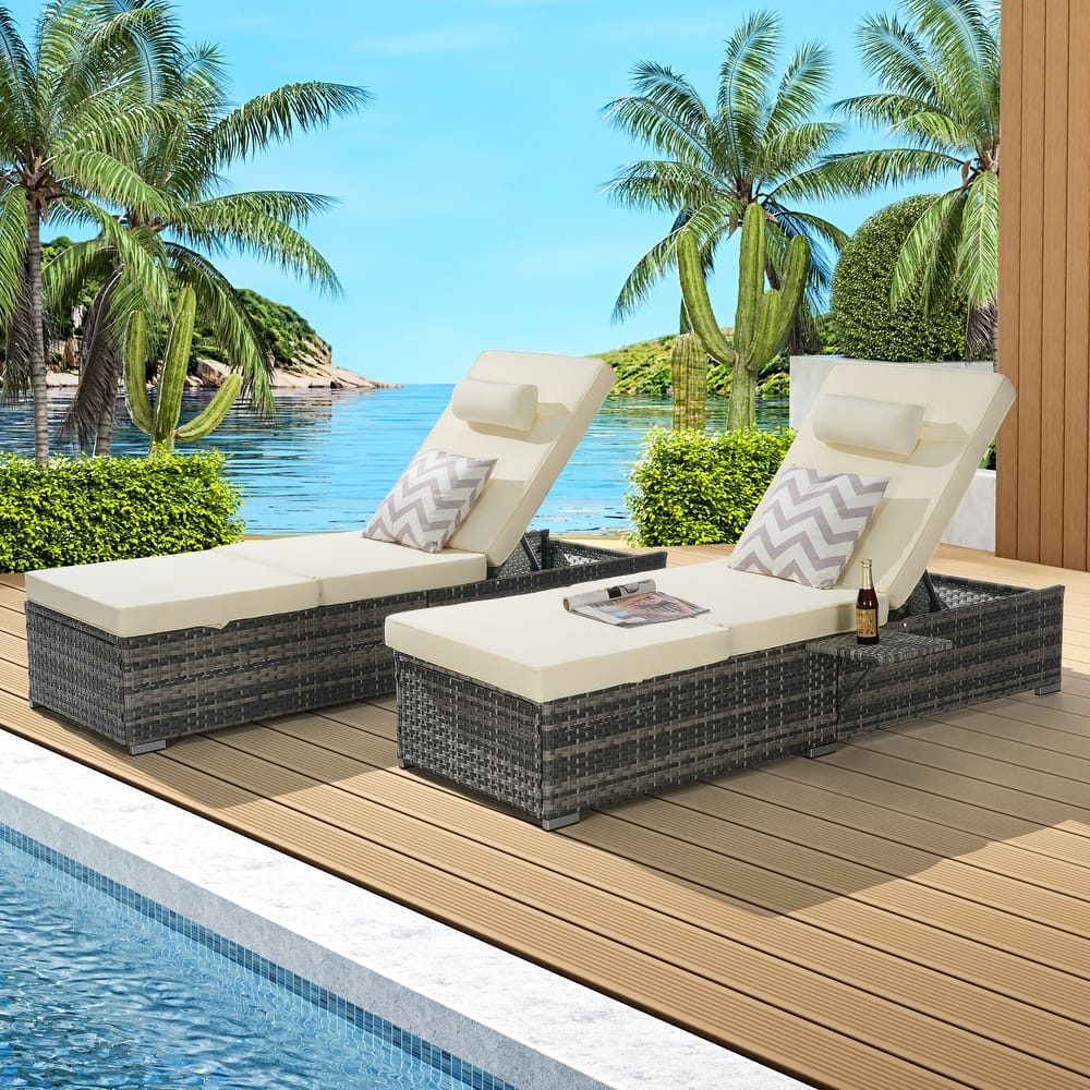 GDFStudio - Amelia Outdoor Chaise Lounge Chair Set of 2 with Adjustable Recline and Side Table for Poolside Relaxation