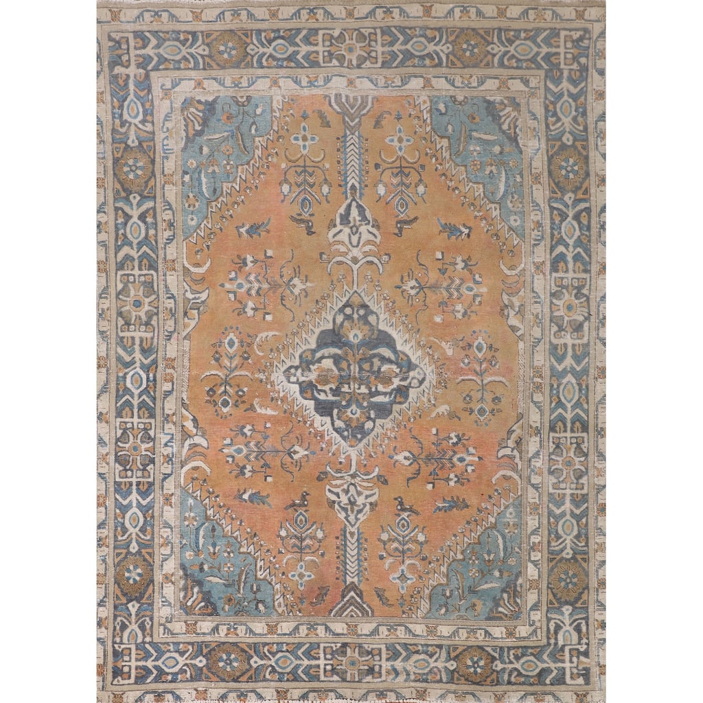Geometric Tabriz Persian Vintage Area Rug Hand-Knotted Wool Carpet - 6'4"x 8'2"