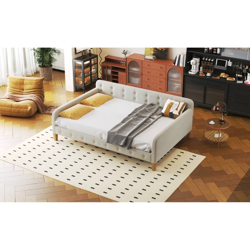 Full Size Velvet Upholstered Daybed Frame with Tufted Backrest & 4 Legs