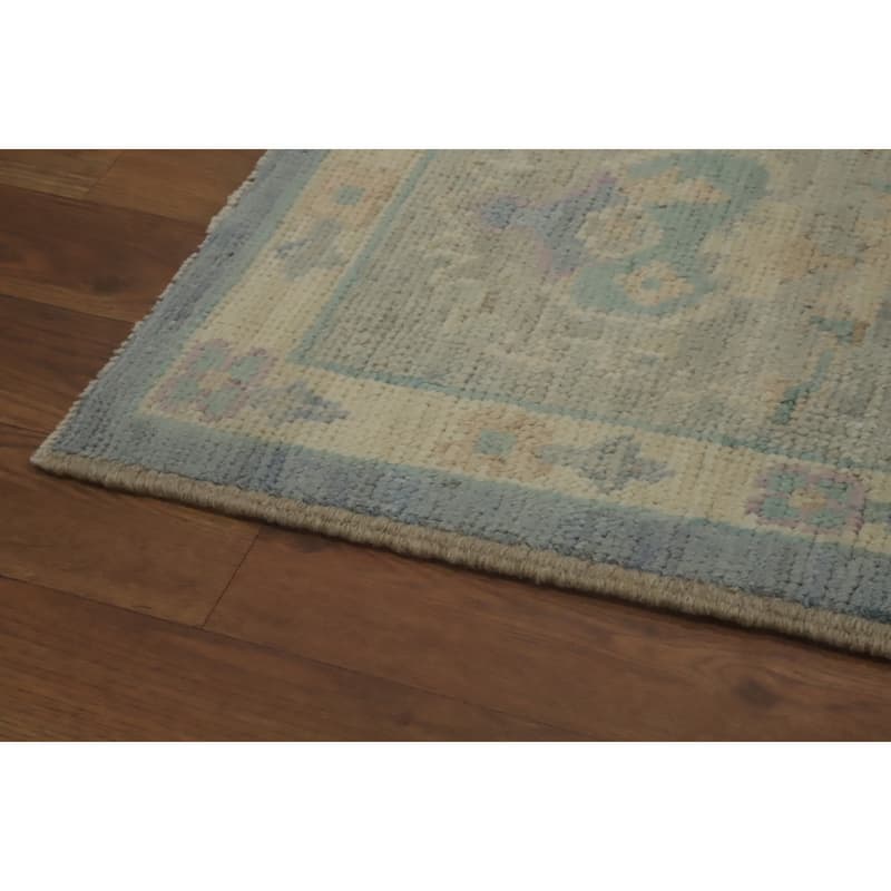 Vegetable Dye Blue Wool Oushak Turkish Area Rug, Floral Geometric Carpet - 9' 11'' X 8' 0''