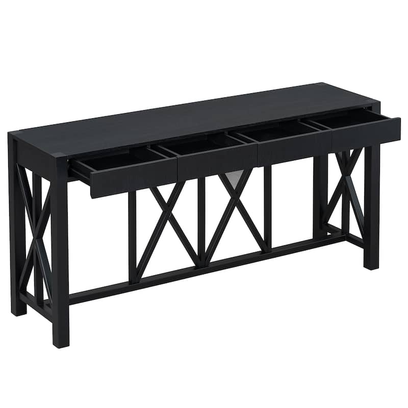 60-Inch Acacia Veneer Entryway Table – 4 Drawers, Crisscross Legs & Open Shelf Storage‌